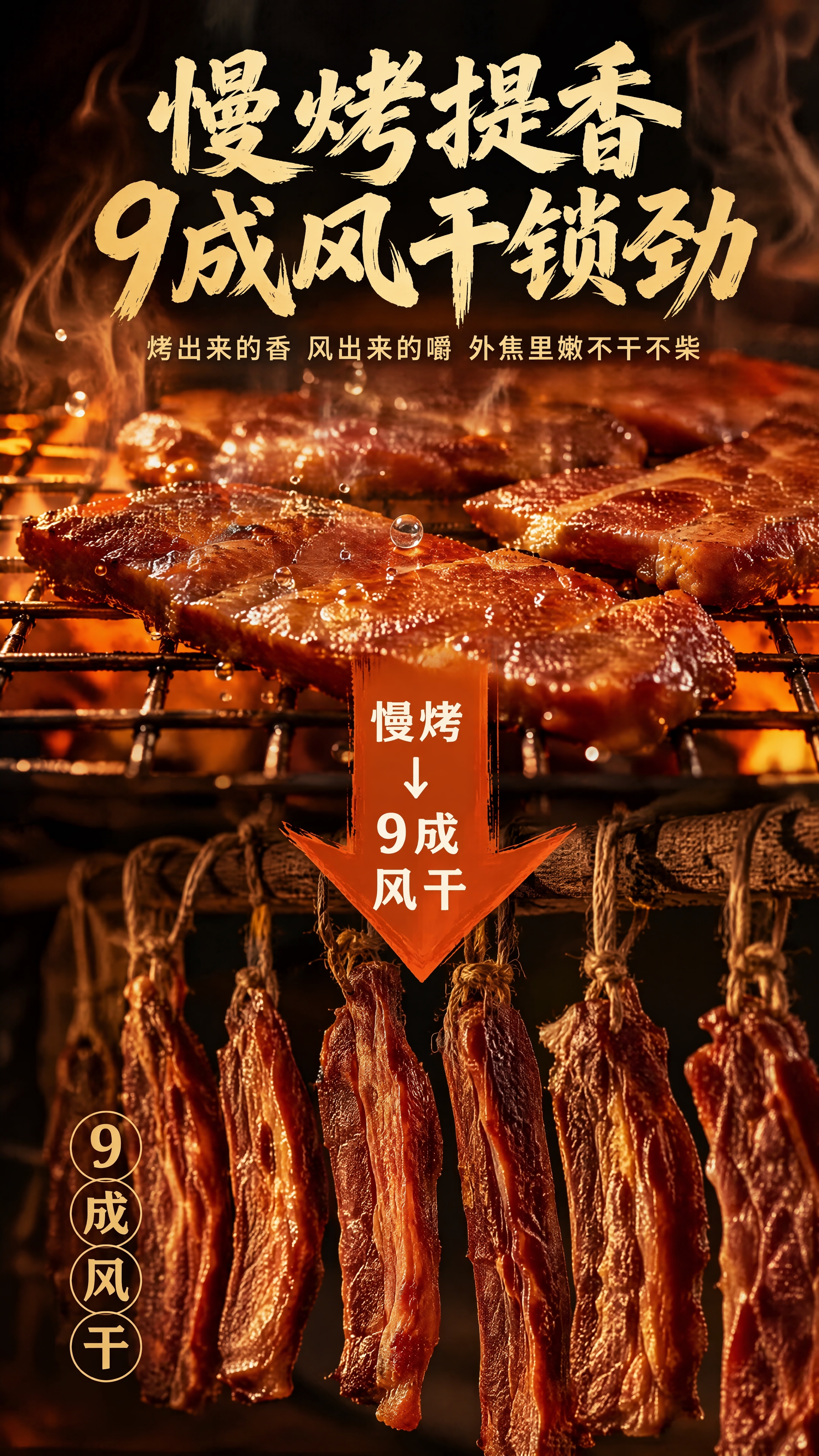 拼多多卖点图9成风干+慢烤工艺，暗调场景电影级光影。上半部分猪… - 图片创意预览