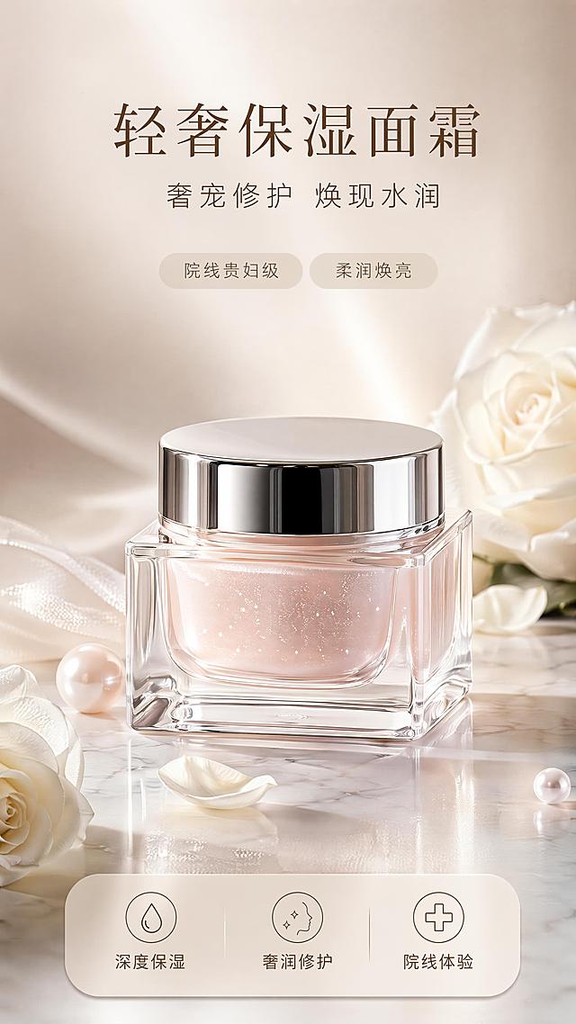 高端院线护肤广告海报，风格为极简轻奢高级贵妇院线风，主体为透明方形厚底玻璃保湿面霜罐，银色金属盖，膏体透出淡粉色，瓶身点缀细碎珍珠细闪，搭配白玫瑰与珍珠摆件，放置在大理石哑光台面上，背景为渐变奶白香槟色柔光布景，整体为柔和侧逆光，低对比度高级灰调，氛围感朦胧薄雾，精致光影，贵妇护肤调性，留白充足，高级医美护肤品海报，无多余文字，干净通透，皮肤水润质感氛围，版式精美，画面主体居中突出，产品为中心构图，背景虚化景深，8K超高清，商业摄影级画质，柔光专业打光，细节拉满，无水印无文字杂乱边框，干净极简背景，高饱和度高级配色，无畸变、无模糊、无多余杂物，主标题"轻奢保湿面霜"，副标题"奢宠修护 焕现水润"，装饰文案"院线贵妇级""柔润焕亮"，卖点"深度保湿""奢润修护""院线体验"