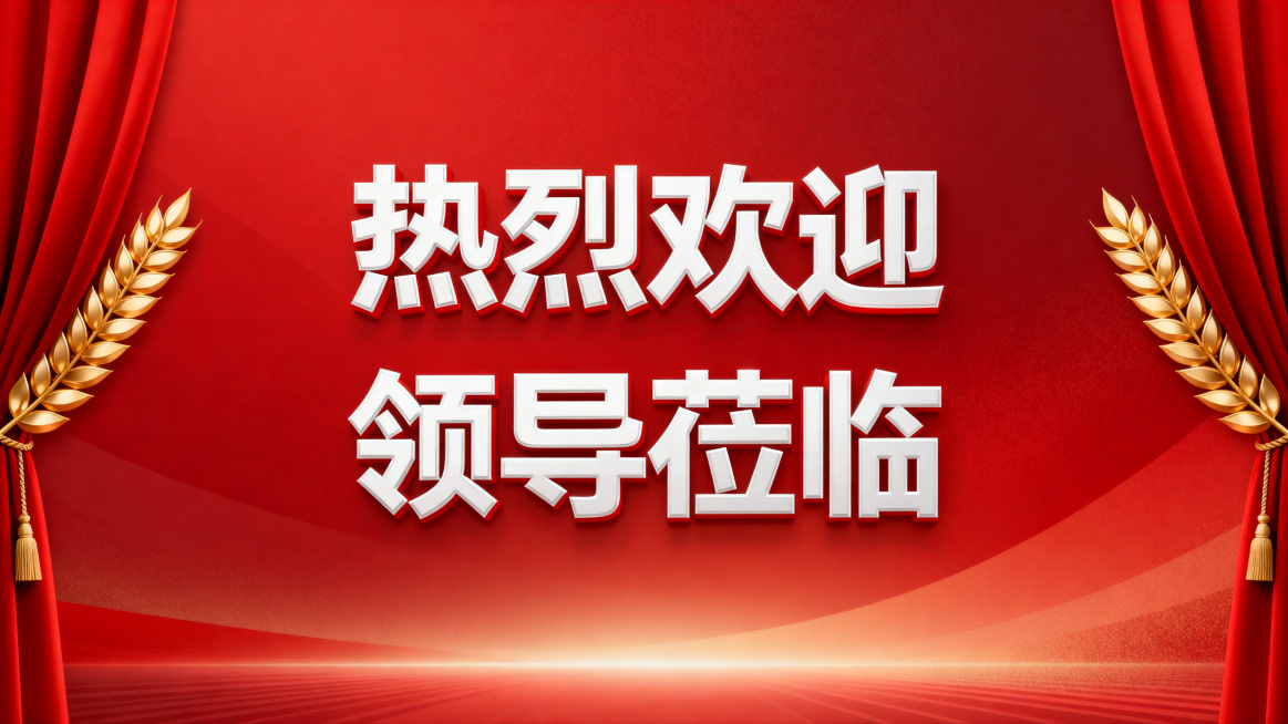 热烈欢迎领导莅临背景图，大气庄重的商务风格，红色渐变背景，中间带有醒目的"热烈欢迎领导莅临"白色立体艺术字，两侧装饰红色幕布和金色麦穗图案，整体简洁正式，适合会议活动使用，高清预览效果