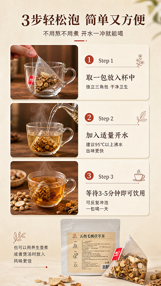 [详情页-第11张 冲泡方法]
[商品] 使用【图3】产品背面冲泡说明图+【图4】茶包，保留产品外观。
[画面] 页面目标：清晰展示冲泡方法，简单易操作。竖版9:16，画面采用3步横向流程布局，从上到下3个步骤，每个步骤有配图+文字说明。Step1：取茶包放入杯中，配图是手拿着茶包放入透明玻璃杯。Step2：加入开水冲泡，配图是热水壶往杯中倒水，热气腾腾。Step3：3-5分钟即可饮用，配图是泡好的琥珀色茶汤，旁边有草本配料点缀。背景米杏色渐变，底部放产品包装袋。
[视觉] 套系策略：风格=高级自然静物摄影风 暖棕大地色调；标题字=现代宋体粗体；正文字=简洁黑体；主色=米杏色；背景延展=米杏色深浅渐变+细腻纸张质感；强调色=赭石色，仅用于小面积图标、引线和标签；标题色=深棕色；正文色=中棕色；组件=圆角浅米色信息卡、细线引线、草本线性图标、数字序号圆标；光影=自然柔光 柔和漫射 茶汤有热气氛围感。
[文字] 顶部主标题大字：「3步轻松泡 简单又方便」，副标题：「不用熬不用煮 开水一冲就能喝」。3个步骤：
Step 1 取一包放入杯中 独立三角包 干净卫生
Step 2 加入适量开水 建议95℃以上沸水 出味更快
Step 3 等待3-5分钟即可饮用 可反复冲泡 一包喝一天
底部小字补充：「也可以用养生壶煮 或者煲汤时放入 风味更佳」。
[规格] 图片比例9:16竖版，2K分辨率，避免变形、错字、文字过小、冷蓝背景、产品外观改变。