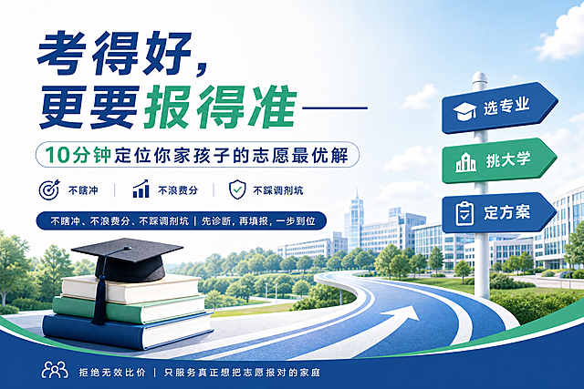 现代简约风格高考志愿填报宣传册封面，色调清新专业，适合教育培训宣传，布局清晰，图文排版合理，主标题文字："考得好，更要报得准——10分钟定位你家孩子的志愿最优解"，副标题文字："不瞎冲、不浪费分、不踩调剂坑｜先诊断，再填报，一步到位"，底部小字文字："拒绝无效比价｜只服务真正想把志愿报对的家庭"，画面中包含堆叠书籍、学士帽、指向未来的道路路标，背景为大学校园远景，蓝绿清新配色