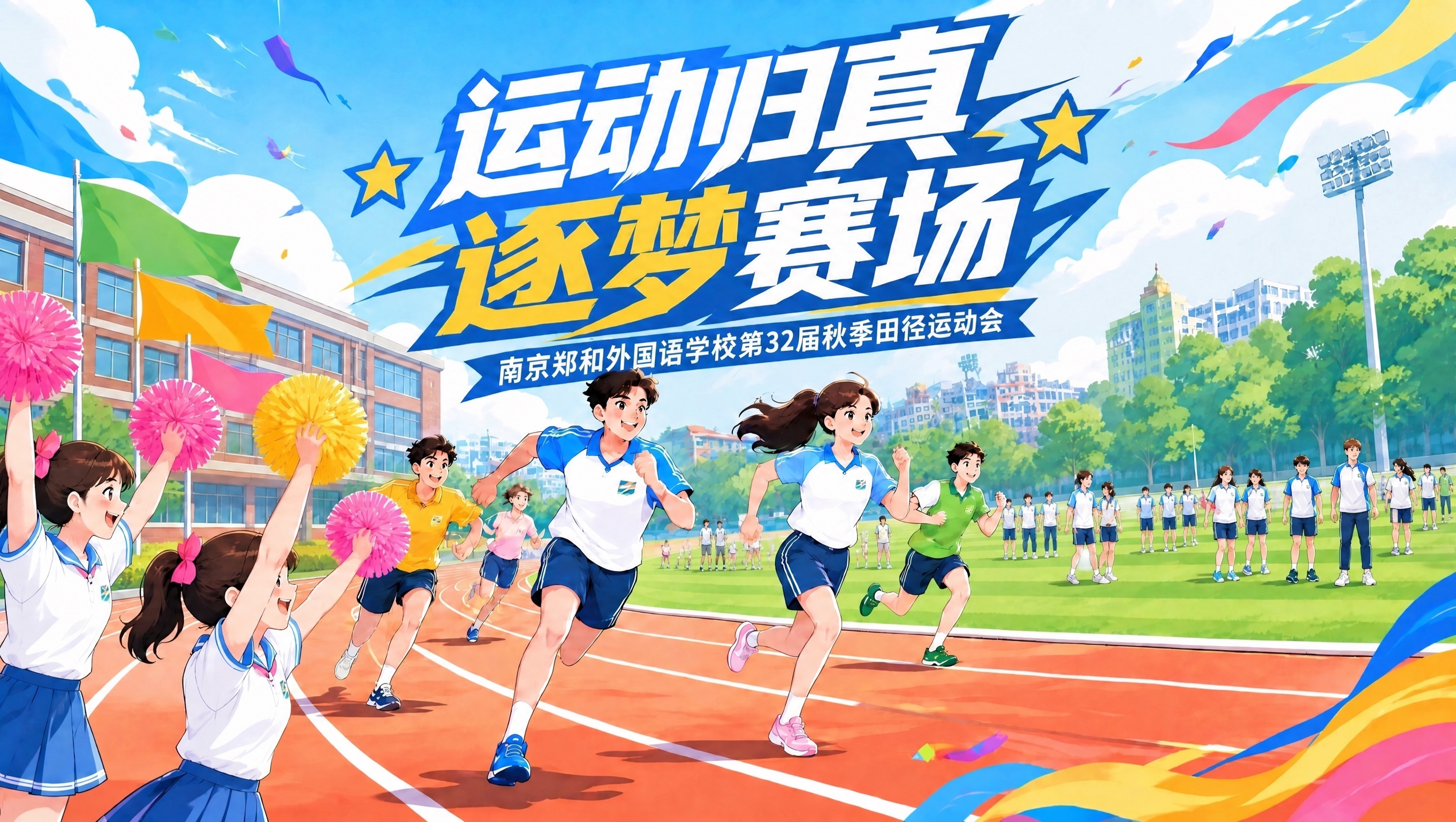在操场的草坪和跑道远处区域添加二三十个正在走动的中学生同学身影… - 图片创意预览