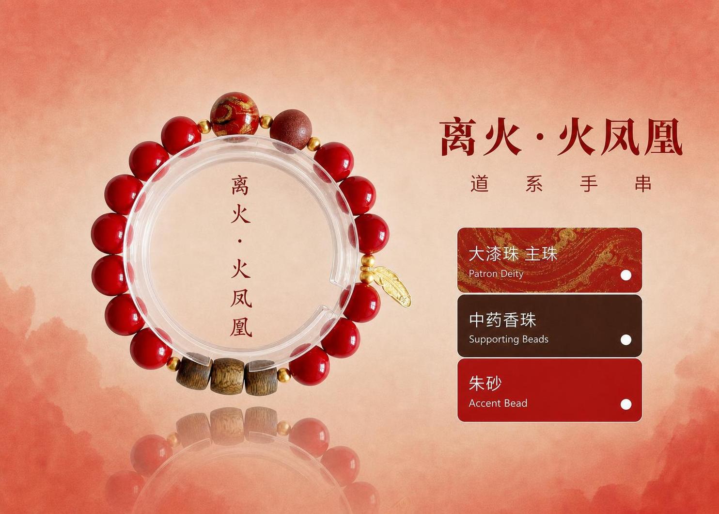 按照之前道系手串宣传图的同款版式模板，将这张离火火凤凰朱砂手串… - 图片创意预览