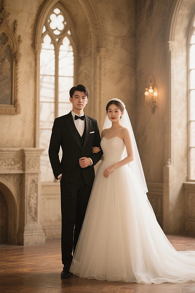 婚纱照拍摄，一对20岁新娘新郎，男生在左，女生在右，室内，高级感，欧洲古堡背景，真实感，全身拍摄，超写实，高清拍摄