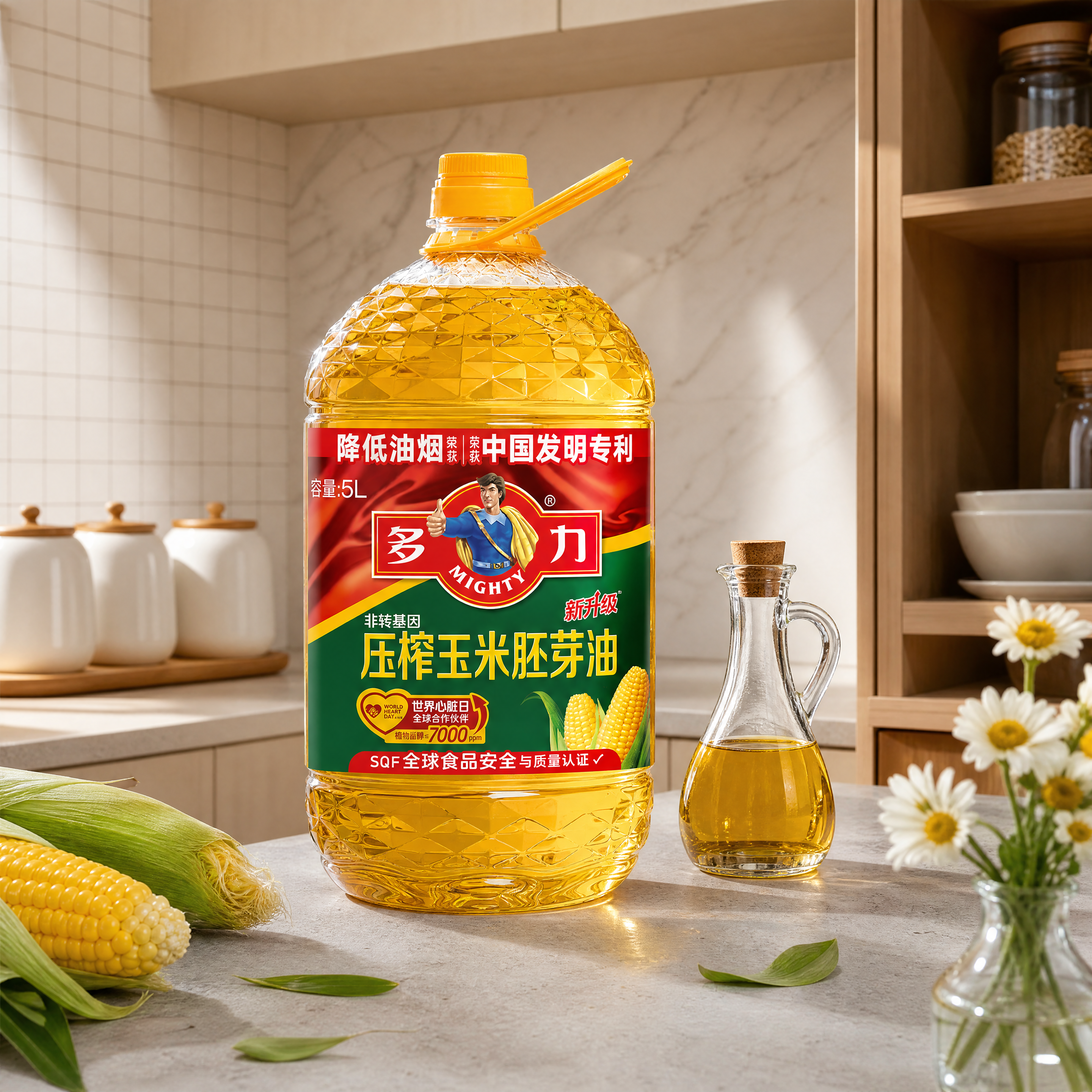 超写实食品商业摄影。 主体：5L装玉米油桶严格参照上传产品图，… - 图片创意预览