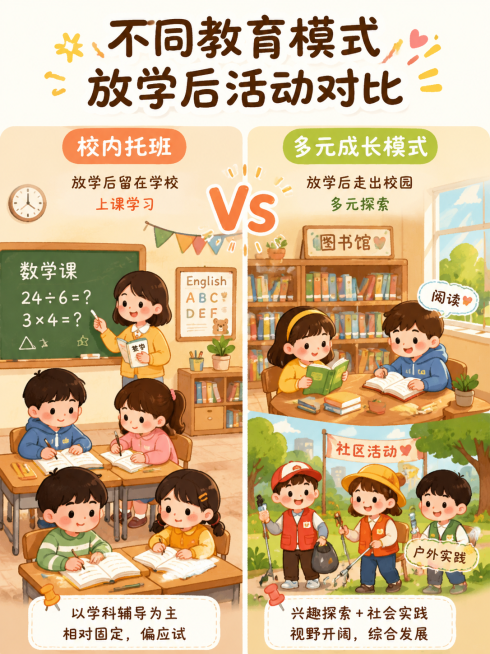 童趣手绘插画，不同教育模式放学后活动对比，左图：放学后小学生留在校内托班，坐在教室上数学课/英语课；右图：放学后小学生在图书馆看书，还有孩子参加户外社区活动，左右分栏，暖色调，活泼可爱，适合小红书分享预览效果