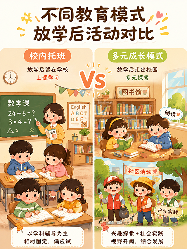 童趣手绘插画，不同教育模式放学后活动对比，左图：放学后小学生留在校内托班，坐在教室上数学课/英语课；右图：放学后小学生在图书馆看书，还有孩子参加户外社区活动，左右分栏，暖色调，活泼可爱，适合小红书分享配图