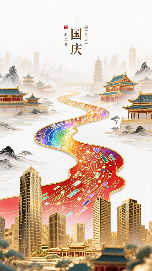 背景是一副中国山水水墨画，油画，远景是各种古代建筑物群，中间有一条自上而下的，由集成电路+荧光数据流+形成的蜿蜒的大河，前景为现代的高楼大厦的建筑物群。层次感、纵深感，光影效果，美感，金+白+红渐变色调，海报设计，极简主义，大面积留白，国庆海报，文字排版，高级排版，大师级构图。