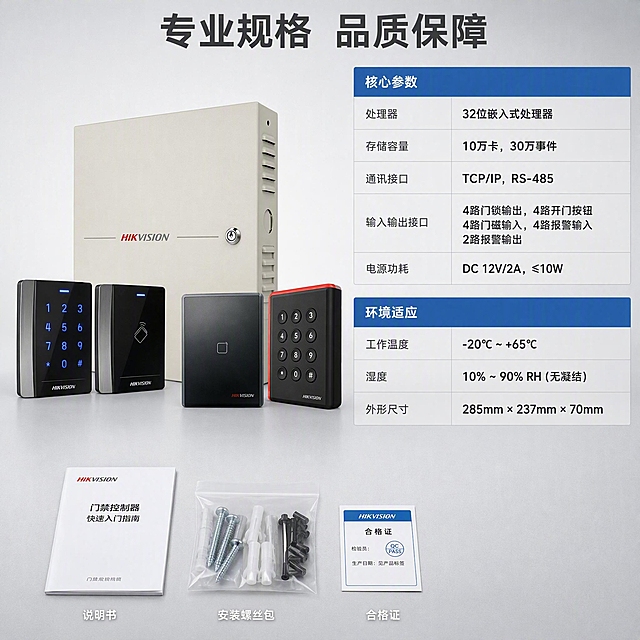 [主图-5] 海康威视门禁控制器规格参数与配件图
[氛围风格] 冷灰科技工业风 清晰规格清单
[画质] 商业摄影质感 产品清晰 表格规整
[元素] 画面左侧海康威视门禁控制器主机45度角摆放 右侧为规格参数表格区域 表格分为核心参数和环境适应两大区块 核心参数区列出处理器 存储容量 通讯接口 输入输出接口 电源功耗 环境适应区列出工作温度 湿度 外形尺寸 画面底部平铺展示配件 包括说明书 安装螺丝包 合格证 背景为浅灰色渐变 干净简洁 保持产品外观物理结构材质颜色与输入产品图完全一致 杜绝变形和色差 商品主体占比约40%
[光影] 顶部柔光均匀照射 产品和配件都清晰可见 阴影柔和 整体明亮干净
[配色] 主色调浅灰冷灰 辅色深灰 强调色科技蓝 表格标题用蓝色
[视角构图] 左产品右表格的左右构图 底部配件平铺 俯视略偏平视角度 布局均衡
[文字版式] 顶部标题专业规格 品质保障 深灰色粗体大号字居中 右侧表格内 参数项用深灰色中号字 参数值用黑色粗体中号字 表格行用浅灰分隔线 底部配件下方有名称标注 白色小号字 所有文字清晰可读 排版整齐
[输出要求] 1:1比例 文字清晰锐利 超高清商业摄影质感
[负向提示词] 变形 文字错乱 产品图模糊 背景杂乱 水印 电商平台Logo 多余的手 畸形手