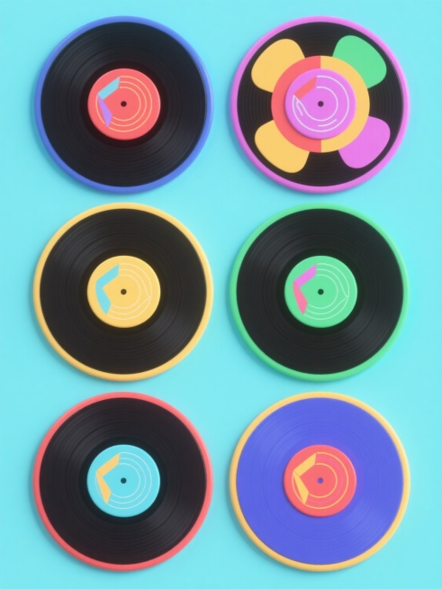 6张不同配色、不同样式的唱片，3D卡通风，纯色背景，排列整齐，唱片边缘有圆滑处理，盘面有简洁的几何图案装饰，色彩明快鲜艳，每张唱片颜色各异，整体构图对称平衡，视觉层级清晰，具有现代海报设计感，适合音乐主题宣传。预览效果