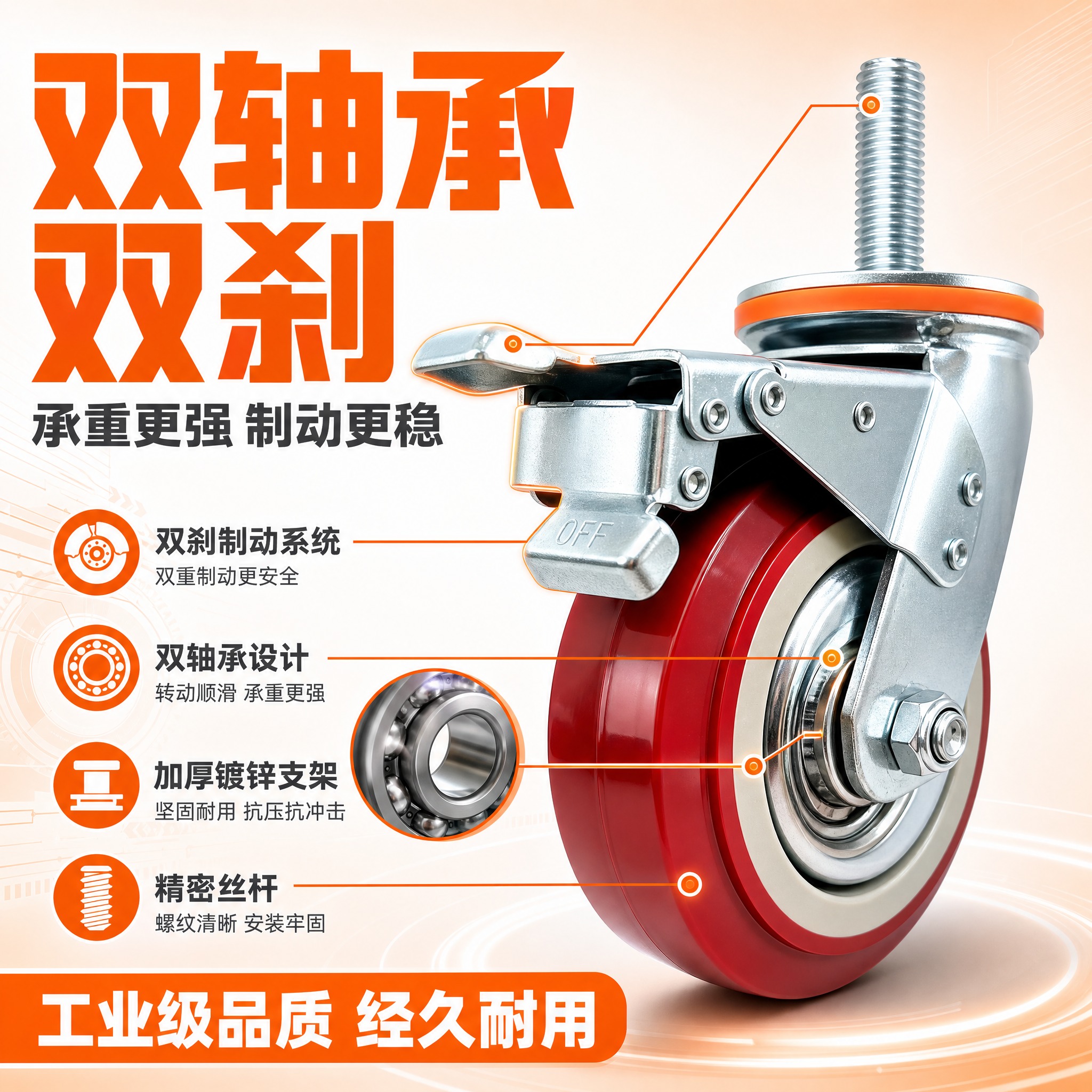 [主图-3] 双轴承双刹结构卖点图，核心任务：大字展示双轴承双… - 图片创意预览