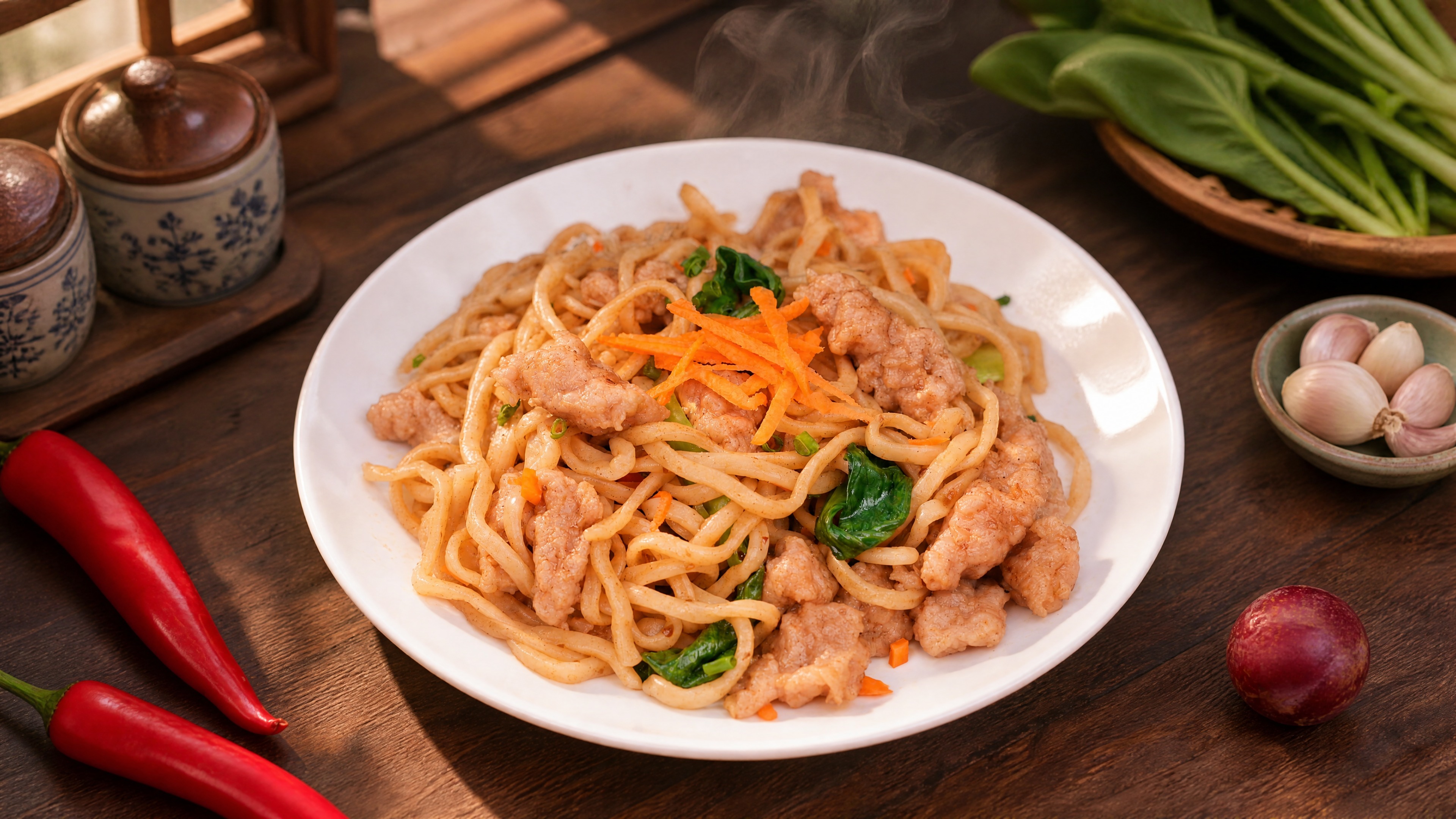 肉片拌面严格参照上传产品图，完整保留白盘、面条、肉片、胡萝卜丝… - 图片创意预览