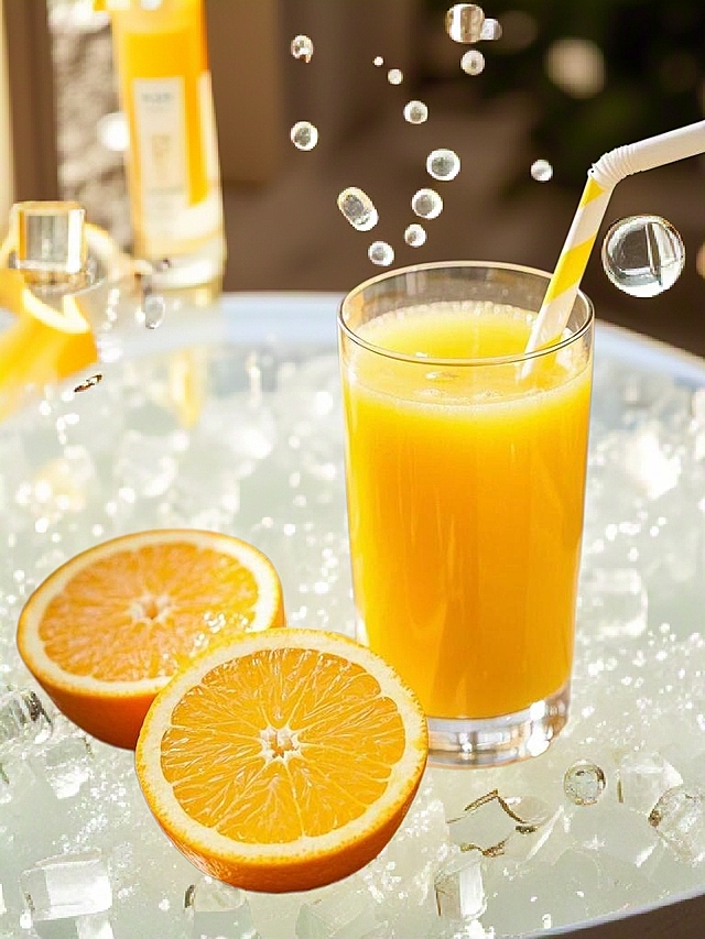 简约主义风格，橙汁与冰块碰撞，清新爽口，夏日清凉感十足。