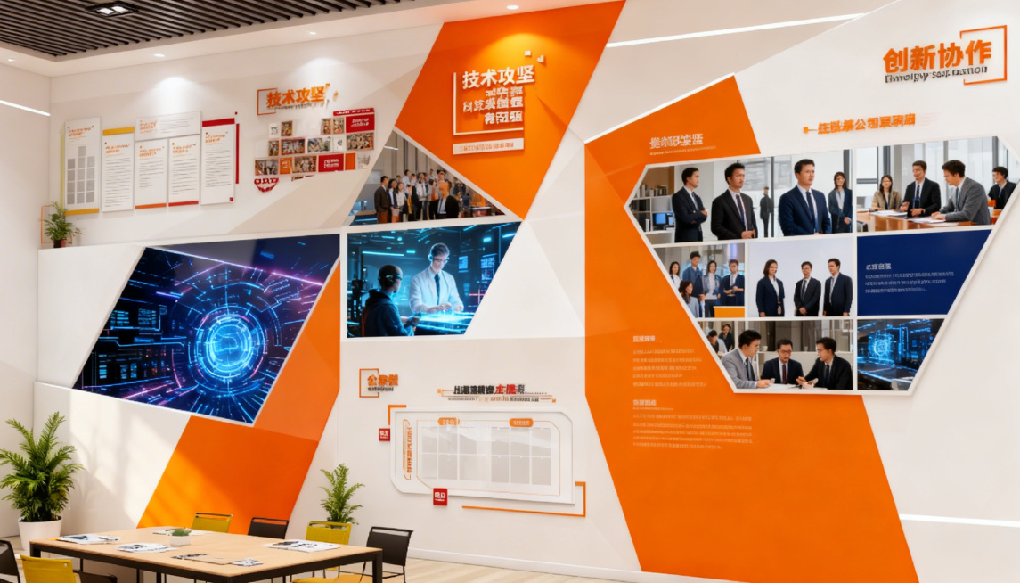 设计橙色风格的科技公司企业文化墙模板，采用照片拼贴创意布局，主色调橙色搭配白色，主题为团队风采展示，错落几何拼接设计，立体感现代风格，适合科技公司，生成第二个不同的模板预览效果