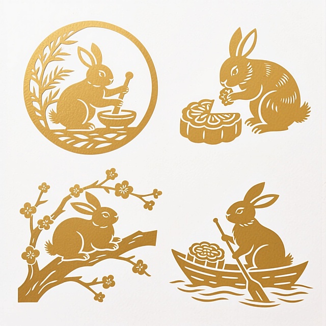 中秋剪纸风，单色金兔捣药、赏月、划船，中式感浓。