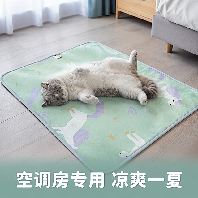 [主图-5] 宠物凉席真实使用结果图，保持宠物凉席的外观、物理结构、材质质感与输入产品图绝对一致，杜绝任何变形和色差，精细化处理。
[氛围风格] 自然生活化真实风格
[画质] 商业摄影质感、光线柔和通透、产品清晰真实、画面干净高级
[元素] 满屏展示夏日空调房间内，一只英短猫咪四脚朝天躺在宠物凉席上熟睡，凉席完全展开，猫咪占据画面情绪焦点，凉席清晰可见，背景是柔和的空调房卧室角落，营造凉爽舒适氛围。
[光影] 空调房柔和冷调光线，整体明亮均匀，猫咪毛发和凉席纹理清晰，阴影柔和不生硬，体现凉爽感觉。
[配色] 主色调浅灰蓝+产品薄荷绿，整体偏冷色调，强化清凉感受。
[视角构图] 平视全景构图，猫咪和凉席占据画面主体，背景虚化，突出主体。
[文字版式] 底部半透明渐变蒙层，居中大字结论“空调房专用 凉爽一夏”，圆润粗体白字清晰醒目，不遮挡猫咪和凉席主体。
[比例分辨率] 1:1 比例，4k 分辨率，文字清晰锐利，画面超高清
[负向提示词] 变形，文字错乱，产品图模糊，背景杂乱，水印，电商平台Logo