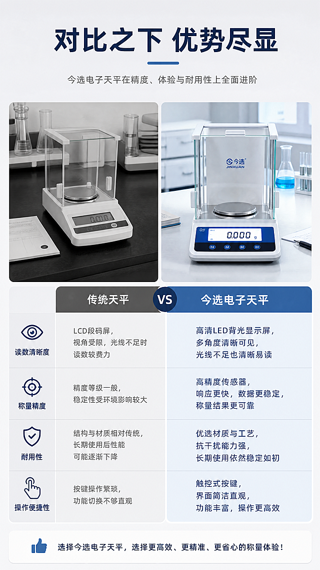 [第6屏] 传统方案对比页，展示今选电子天平优势差异。浅灰背景，上下分栏对比，上半部分场景图，下半部分左右分栏对比传统天平vs今选天平，从读数清晰度、称量精度、耐用性、操作便捷性四个维度对比，文字清晰差异明显，不贬损只讲差异。主标题「对比之下 优势尽显」顶部居中。9:16竖版，4K。负向提示：文字错乱，排版乱，颜色偏色，水印。
