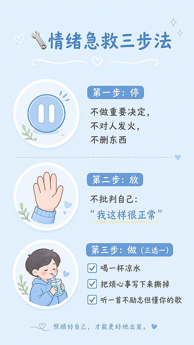手机竖屏海报，浅蓝色纯色背景，上方小标题“🛠️ 情绪急救三步法”，左侧三格小图分别是暂停键⏸️、放手✋、一个小人喝水🥤，对应右侧文字内容：第一步：停，不做重要决定，不对人发火，不删东西；第二步：放，不批判自己：“我这样很正常”；第三步：做（三选一） ☑ 喝一杯凉水 ☑ 把烦心事写下来撕掉 ☑ 听一首不励志但懂你的歌，整体排版清晰，简约干净，治愈风格，原创设计