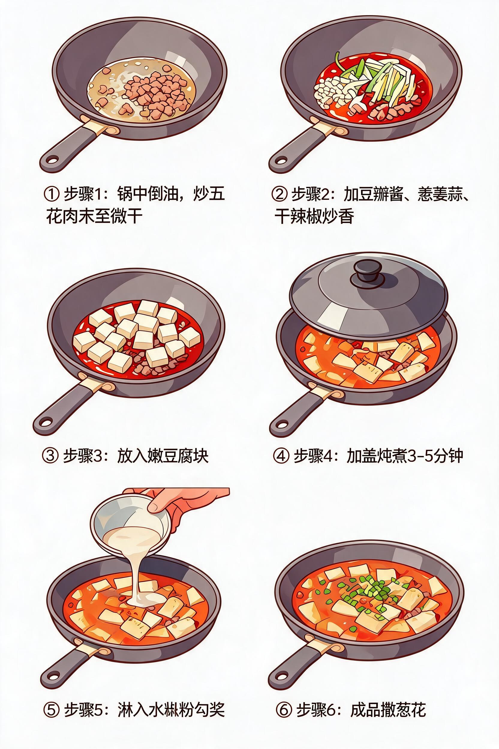 美食插画，6张小图竖向排列，肉沫豆腐完整烹饪6个步骤，依次是：… - 图片创意预览