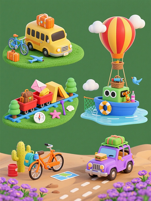 一套6个完全不同元素内容的旅游主题3D立体插画系列素材集合，每个元素均采用圆润可爱的卡通造型风格，明亮饱和的纯色配色方案，细腻的黏土质感表现，柔和均匀的漫反射光影效果，规整的构图布局，无任何文字、logo和水印。第一个元素：黄色卡通巴士停在绿色草坪上，车顶有橙色行李箱，旁边有蓝色自行车、橙色手提箱、粉色信封和蓝色飞机；第二个元素：红色卡通火车行驶在蓝色轨道上，车厢载有棕色登山包、黄色帐篷和绿色树木，旁边有白色指南针和紫色登山杖；第三个元素：蓝色卡通轮船漂浮在浅蓝色海面上，船上有黄色救生圈、橙色望远镜和绿色渔网，旁边有粉色海星和白色贝壳；第四个元素：绿色卡通热气球飞翔在橙色天空中，气球上有红色条纹，吊篮里有棕色野餐篮、黄色三明治和粉色饮料，旁边有白色云朵和蓝色小鸟；第五个元素：紫色卡通越野车行驶在棕色沙漠上，车顶有绿色行李架，旁边有黄色仙人掌、红色油桶和蓝色地图，地上有白色车辙印；第六个元素：橙色卡通自行车停在紫色花田中，车上有蓝色水壶、绿色背包和粉色花朵，旁边有黄色蝴蝶、白色蒲公英和棕色长椅。所有元素均以纯色为背景，整体色彩协调统一，保持相同的3D立体风格和旅游元素类目，呈规整排布。