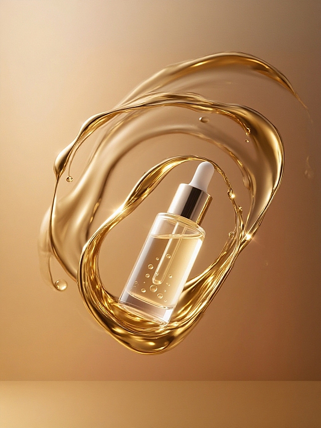产品周围是曲线高光金属质感的金色流动液体、水滴，光线反射细腻，流动光影，背景暖金渐变