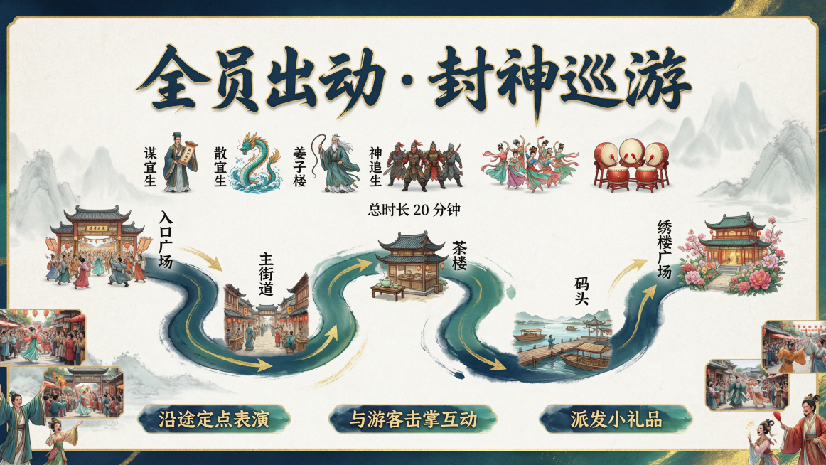 PPT路线图页，页面标题：全员出动 · 封神巡游，国潮水墨风格，浅色宣纸背景，主色调深蓝绿+金色。顶部为阵容图标行：散宜生+龙女+姜子牙+4名追兵+8名舞者+鼓队，总时长20分钟。中部手绘风格路线图，预览效果
