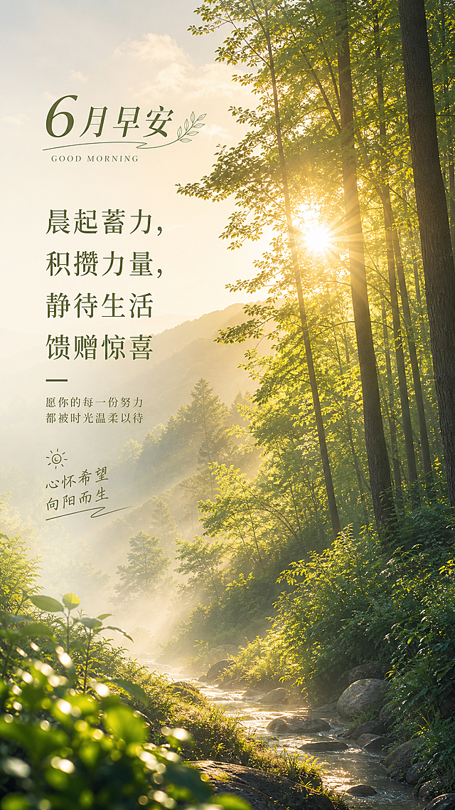 6月份早安海报，自然清新晨间朝阳森林风景，主文字文案“晨起蓄力，积攒力量，静待生活馈赠惊喜”，治愈系氛围感，竖版构图