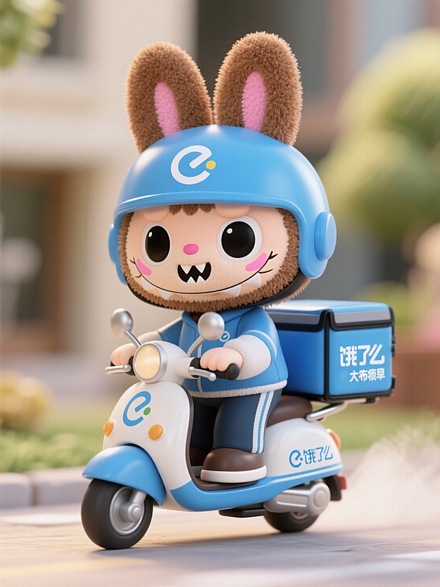 软3D风卡通形象，拉布布人化小怪兽骑电动车，可爱感十足，传递欢乐氛围。