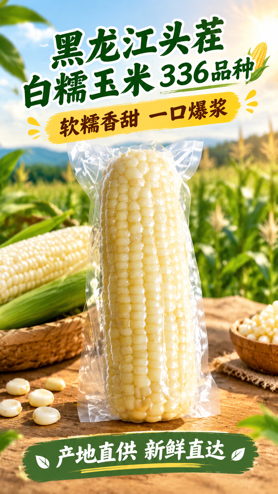 抖音电商详情页首图，9:16竖版，黑龙江头茬白糯玉米336品种… - 图片创意预览