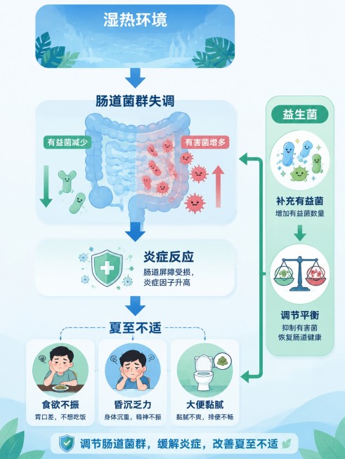 信息图表展示"湿热环境→肠道菌群失调→炎症→夏至不适"的链条：上方是湿热箭头，中间肠道图标中有益菌减少、有害菌增多，下方连接"食欲不振/昏沉乏力/大便黏腻"三个症状图标。右侧标注"益生菌→调节平衡"。预览效果