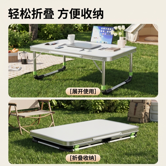 [主图 2] 折叠功能卖点展示铝合金折叠桌。
[氛围风格] 户外露营场景，自然清新风格；
[画质] 商业摄影质感、光线柔和通透、产品清晰真实、画面干净高级。
[元素] 展示铝合金折叠桌的折叠收纳状态，预览效果