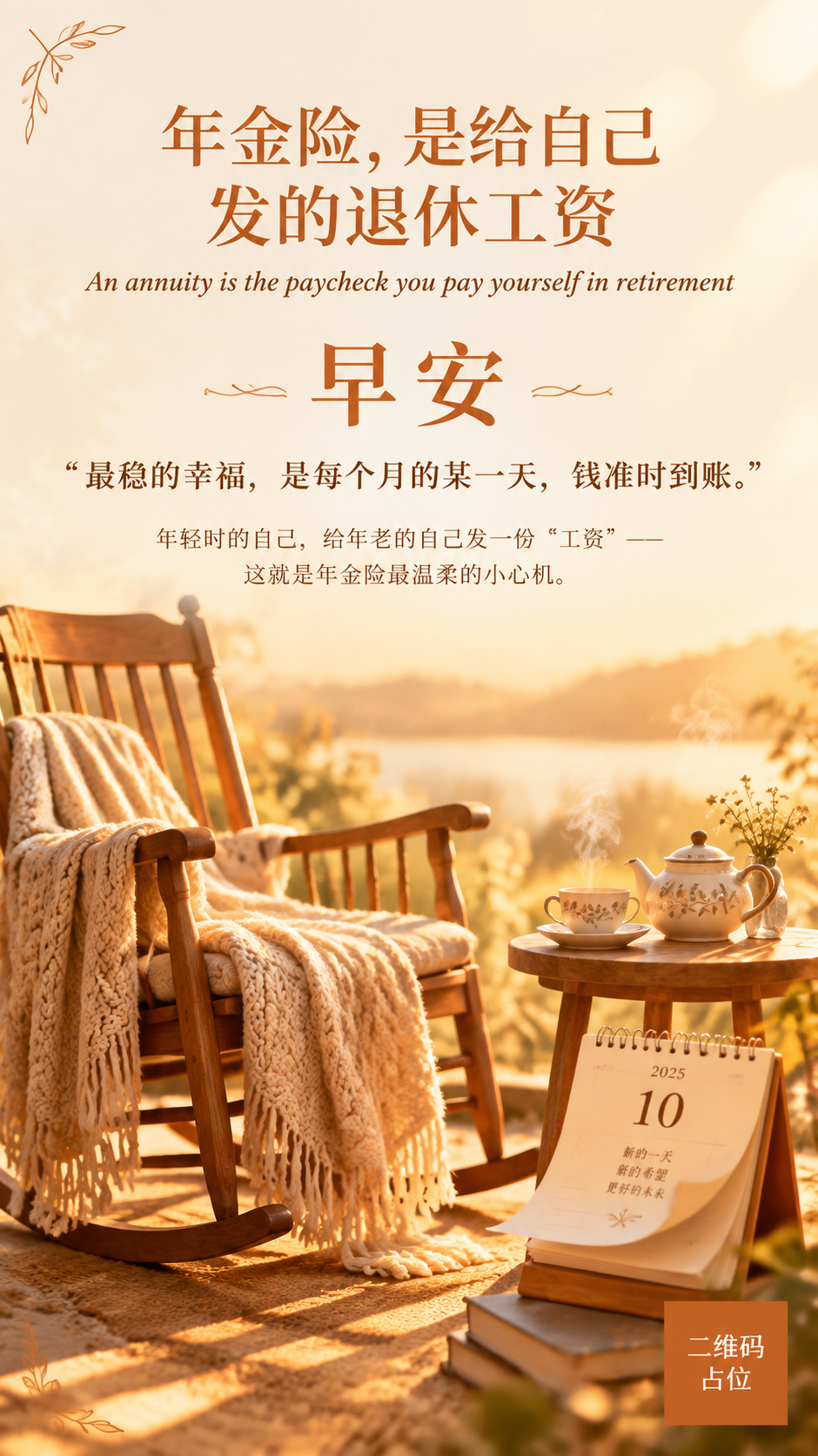 一张竖版年金险主题早安海报，温暖治愈养老风格。画面主体：一张木… - 图片创意预览