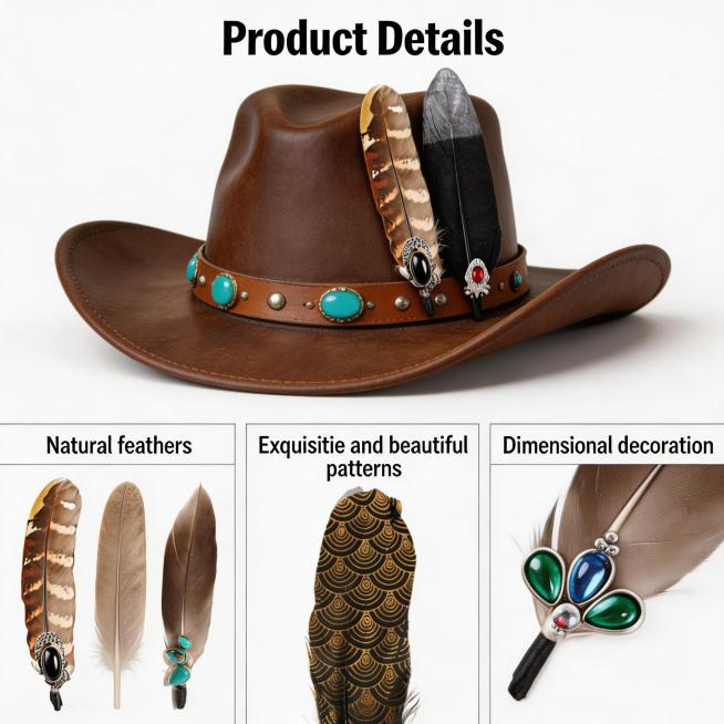 1:1比例亚马逊产品细节图，顶部置顶标题"Product Details"，上半部分展示深棕色厚实皮革牛仔帽，帽檐宽大，帽冠装饰用户提供的多彩羽毛（含斑纹棕色羽毛、黑色扇形羽毛），搭配精致皮质帽带，镶预览效果