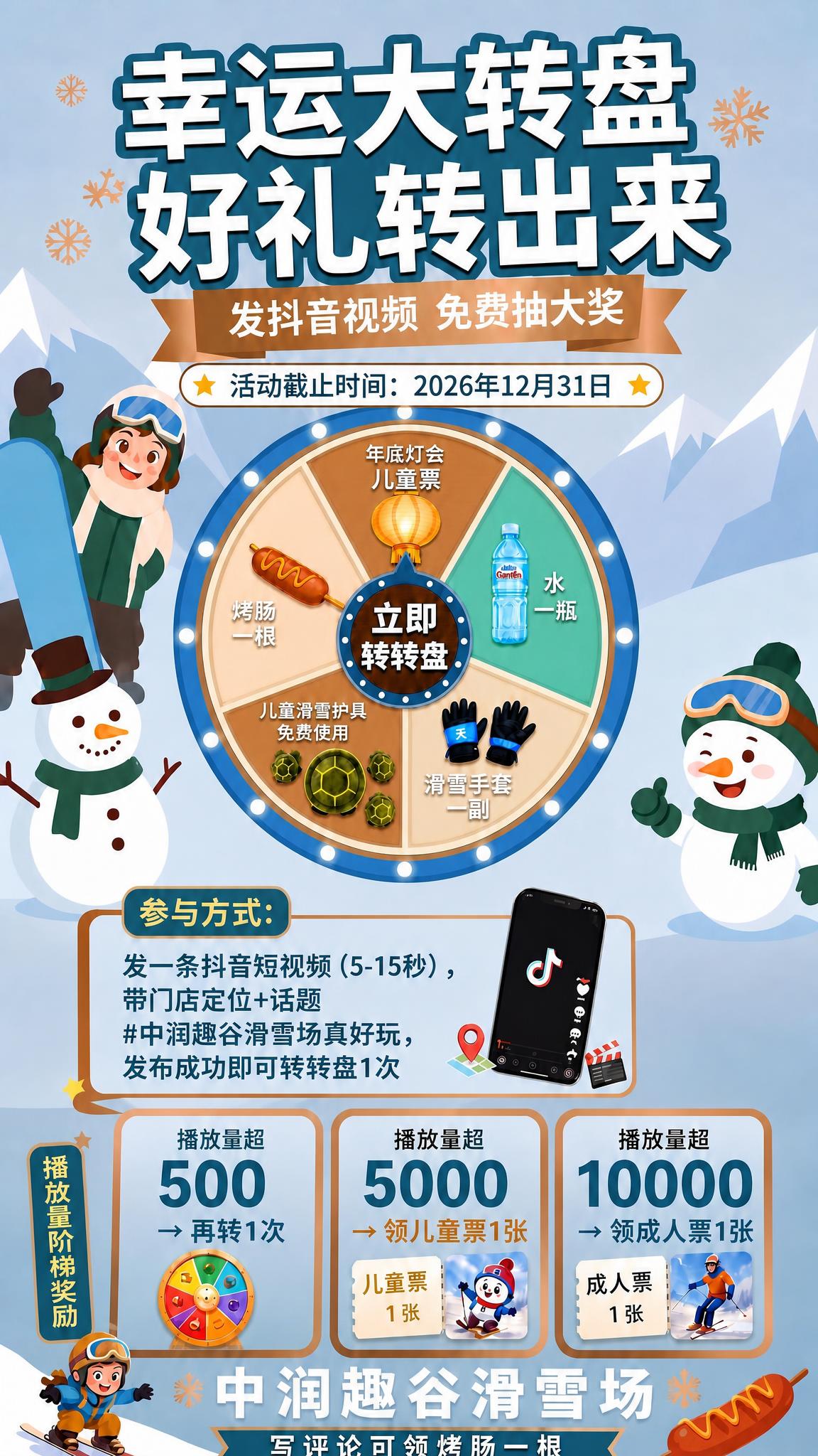 基于这张滑雪场抽奖海报进行修改：将转盘整体向上移动，缩小转盘尺… - 图片创意预览