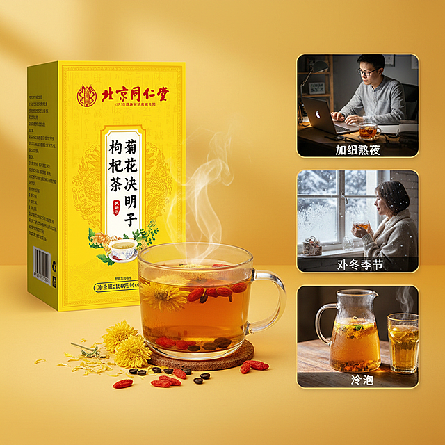 帮我生成5张菊花决明子枸杞茶电商主图，画面分别表现有加班熬夜 秋冬季节  冷泡  还需要加上这个产品的主图