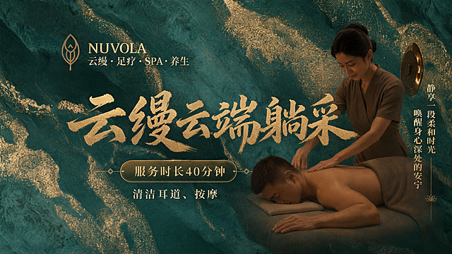 基于第一张图（NUVOLA云缦高端SPA按摩海报）进行整体调色，将整张海报的主色调更换为第二张参考图的主色调：深绿松石色/墨绿色（带蓝灰色底的浓郁翡翠绿/孔雀绿）为底色，背景呈现玉石、流体大理石或矿物切面般的质感，叠加香槟金/古铜金洒金颗粒纹理与流动曲线光泽，整体氛围宁静奢华、自然疗愈。画面中所有文字必须保持完全不变：「NUVOLA 云缦·足疗·SPA·养生」「云缦云端躺采」「服务时长40分钟」「清洁耳道、按摩」以及右侧竖排「静享一段柔和时光 唤醒身心深处的安宁」。按摩场景、男性顾客、女性技师、版式构图保持不变，仅调整整体色调与质感。