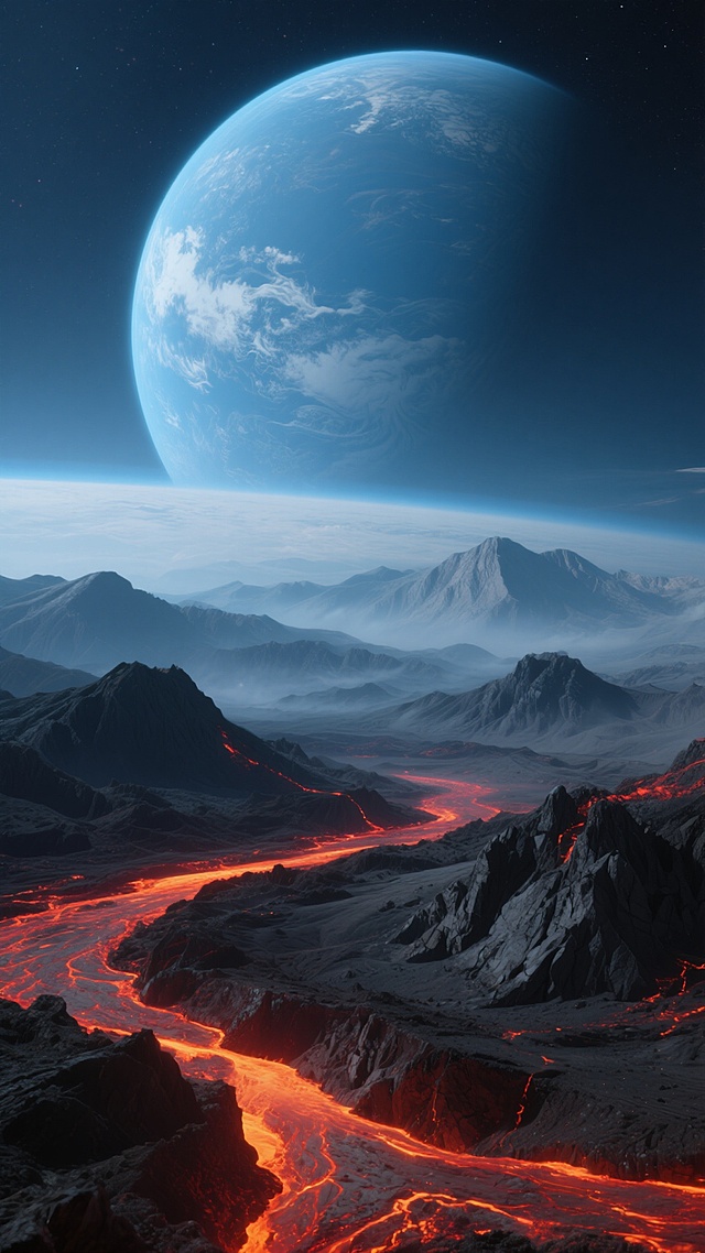 超写实风格宇宙行星景观，深邃星空背景下巨大的蓝色行星占据上半部分天空，表面有白色云纹与隐约纹路，散发柔和冷光。前景是崎岖的深色火山地貌，布满棱角分明的黑色岩石与起伏山峦，红色熔岩从地壳裂缝中蜿蜒流淌，形成明亮的橘红色光带，照亮周围粗糙的火山灰地表。中景为连绵的灰蓝色山脉，笼罩着淡淡的薄雾，远景与行星边缘相接。整体色调以深蓝、灰黑为基底，熔岩的暖橙红色形成强烈对比，营造出神秘而壮丽的外星地质景观氛围，光影层次丰富，细节清晰，具有史诗般的视觉冲击力。
