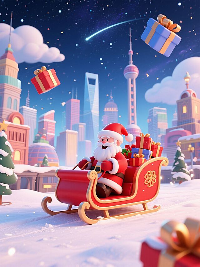 圣诞老人坐在红色雪橇上，身边堆满礼物，面带微笑、姿态欢快，背景是融合了多元建筑风格的奇幻城市景观，仿佛集合了全球地标，搭配星空、云朵与几个腾空的礼物盒，下方是雪地