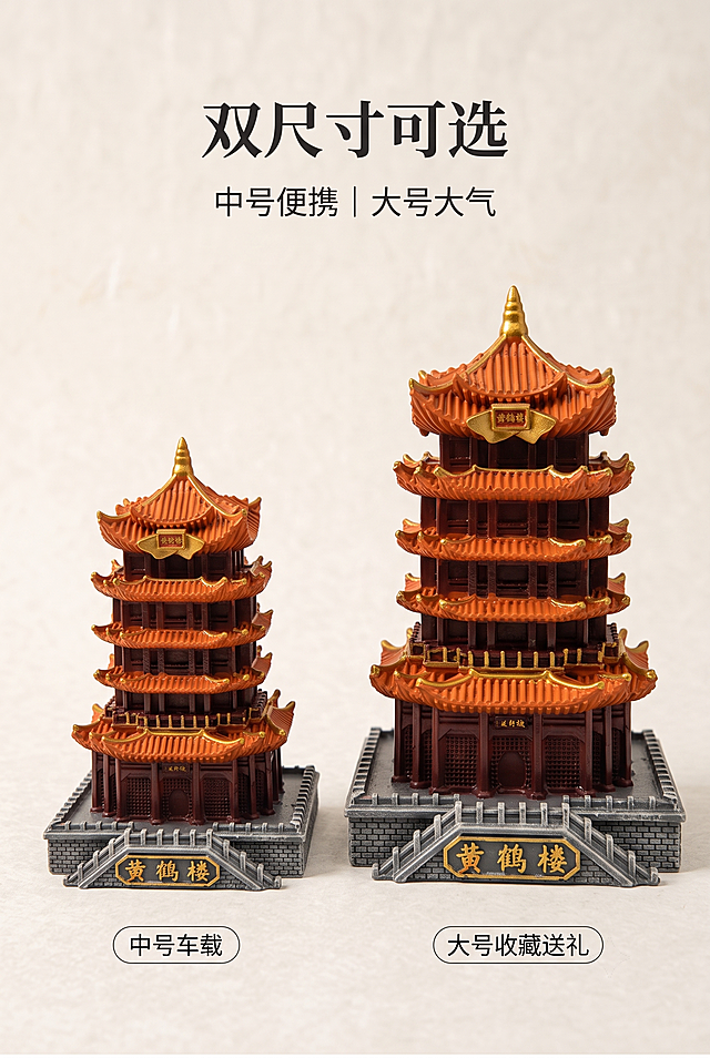 2:3 竖版，黄鹤楼摆件，新中式轻奢国风商业静物摄影；雅致、厚重、高级、静谧；严格还原产品外观、配色、牌匾、飞檐等全部细节；尺寸：中号 11×9.5cm / 高 15cm，大号 17×15cm / 高 24cm，1:1 还原；结构判定 true，五层楼阁、鎏金飞檐、城墙石阶、金字牌匾完整造景；大小摆件左右同框对比；突出双尺寸适配车载 / 家居 / 送礼；左右对称全景同框；对称对比构图，双产品合计占比 58%，留白 21%；顶部居中主标题“双尺寸可选”和副标题“中号便携｜大号大气”，小字：中号车载，大号收藏送礼；背景 #F8F4E9 宣纸米白，浅底色不抢主体；主色 #6E1F17 红木、#E36829 橙瓦；辅助 #D5AD35 鎏金；点缀 #777E81 灰墙、#F6EFDD 米黄牌匾；背景纯白；标题思源宋体 Heavy，正文思源黑体 Regular，字号 3:1.8:1；柔和漫射光，f/2.2 浅景深，参数 f/2.2，1/125s，ISO100；鎏金光泽 + 哑光树脂肌理；无装饰元素；4K 写实商业画质，整套无割裂。负面提示词：比例失衡，尺寸区分弱，排版不对称，鎏金色差，杂物抢主体