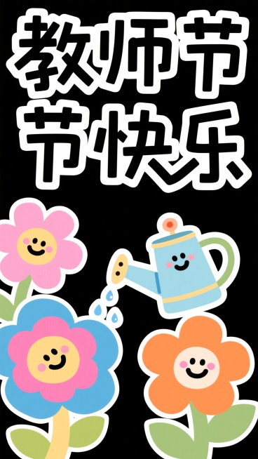 童趣剪纸风，粗白描边平涂色块，黑色字标题“教师节快乐”标语，搭配拟人花朵（粉/蓝/橙，带笑脸表情）、浇水壶（水滴装饰）预览效果
