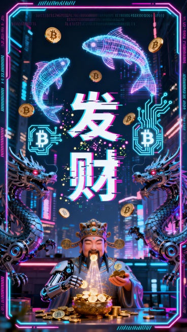 霓虹光污染的都市夜景背景上，采用赛博朋克故障艺术风格，中央是全息投影效果的“发财”大字，字体时有glitch抖动和数字粒子飘散，周围环绕着悬浮的比特币符号、数据流构成的鲤鱼和发光电路板图案，两侧对称分预览效果