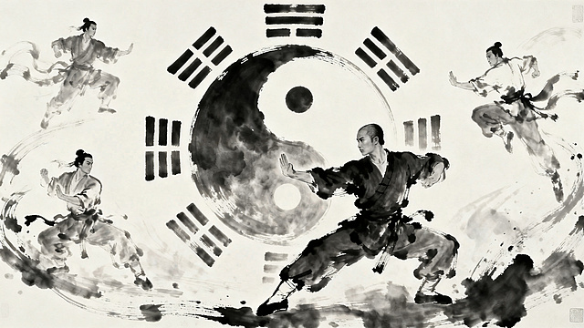 水墨风格太极八卦图，武打动作姿势，传统水墨笔触，黑白灰渐变色调，太极阴阳鱼图案，写意东方美学，大气磅礴的中国风