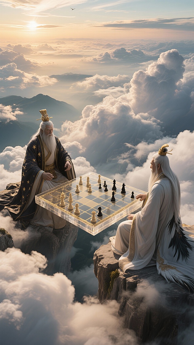 云海之上，两位仙人对弈于透明棋盘，鎏金华服映衬梦幻光影，3D重拟物风融合中式古典与超现实意境，神圣静谧，宛如虚拟仙境。