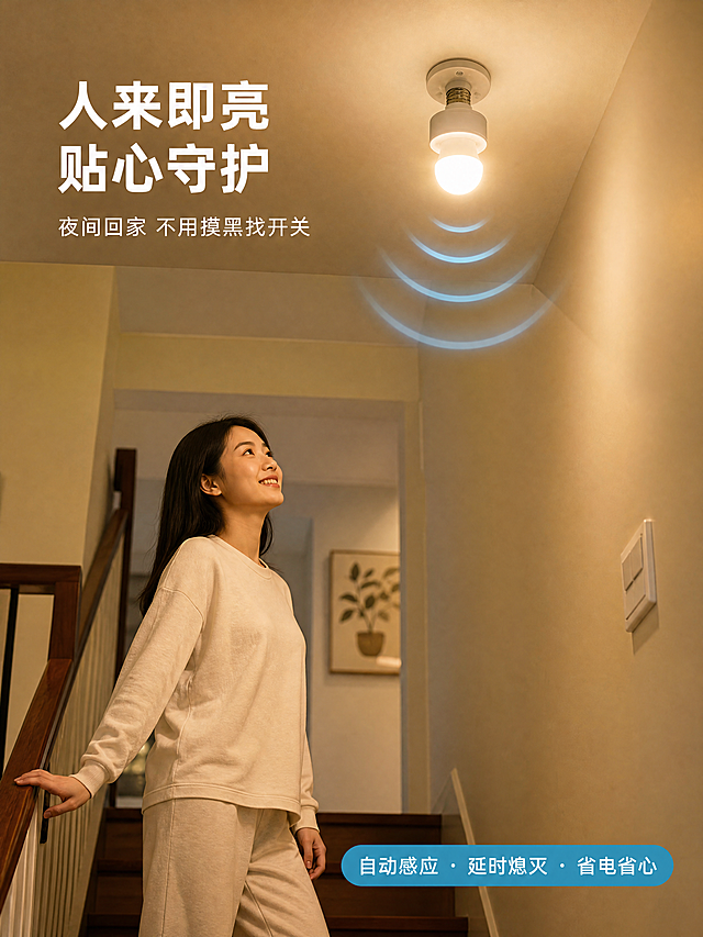 [第6屏] 详情页人物使用-真实楼道场景人物操作展示。本屏使用【图1】作为安装在天花板上的感应灯头产品。
[氛围/风格] 真实居家楼道场景，暖光温馨氛围，生活化场景，商业摄影质感。
[元素布局] 楼道场景，天花板上安装着雷达感应灯头+灯泡，灯正发出暖白光；一位亚洲女性正走上楼梯，抬头看向亮起的灯，表情轻松满意；感应灯头发出淡蓝色感应波纹指向人物，体现感应效果；楼道墙面为浅米色，有楼梯扶手、墙面开关等细节；灯头产品安装在天花板灯座上，结构、外观与输入图一致，底部连接发光灯泡。
[光影质感] 主光源为感应灯发出的暖白光，照亮人物和楼道空间；环境光柔和，有温馨居家感；灯头金属螺口有环境光反射。
[配色色系] 全局场景色 暖米色调居家楼道；主色暖白灯光；辅助色科技蓝感应波纹、白色灯头、人物居家服饰。
[视角构图] 中景人物场景构图，人物在画面下方偏左，灯头在上方天花板，视角为仰视楼道角度，阅读动线人物→灯头→感应效果。
[文字版式] 左上角主标题「人来即亮 贴心守护」，副标题「夜间回家 不用摸黑找开关」；右下角信息条：「自动感应 · 延时熄灭 · 省电省心」；文字不遮挡人物和产品主体；整体文字清晰，移动端友好。
[比例分辨率] 3:4 竖版比例，宽度1200像素，高度1600像素，4K分辨率，文字清晰可辨，高清画质。
[负向提示词] 产品变形，缺件错件，结构错误，颜色偏差，水印，文字错乱，文字过小，产品图模糊，人物变形，面部模糊。