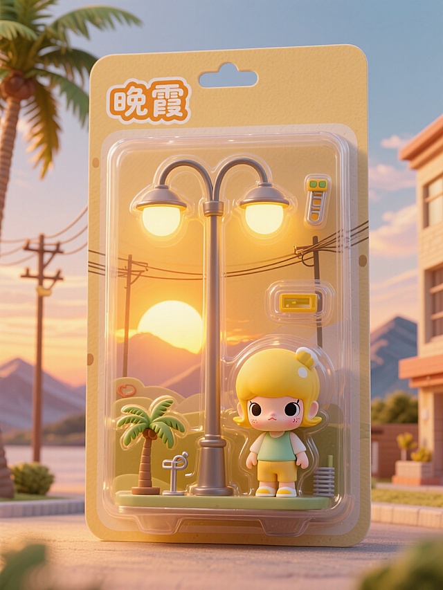 3D微缩艺术风，卡通可爱感，清新场景设计，夕阳下的温馨小世界。