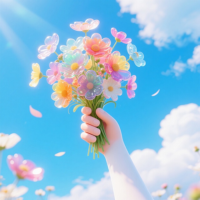 手举一大把格桑花，背景夏日的天空