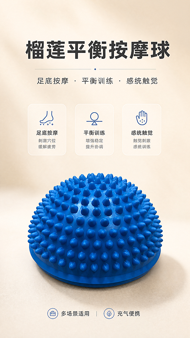 [商品] 使用【图2】【图5】蓝色榴莲球平衡按摩球；保留半球形结构、顶部密集凸点纹理、底部平滑圆盘、蓝色PVC材质、充气孔位置和产品比例；产品不变形，凸点颗粒数量与形态保持真实。
[画面] 第1张·头图海报；目标是展示产品全貌与核心价值；上下构图，产品位于画面中下部占画面55%，正面微俯视角度展示榴莲球凸点全貌；顶部留白放标题区；背景为极简浅米色渐变，底部有柔和投影；整体干净大气，大品牌质感。
[视觉] 套系策略：风格=浅色系极简高级商业摄影；标题字=现代无衬线粗黑体；正文字=简洁无衬线细黑体；主色=浅米杏白；背景延展=基于浅米杏做深浅渐变、细腻哑光纸张质感；强调色=雾霾蓝，仅用于小面积图标、引线和标签；标题色=深炭灰；正文色=中暖灰；组件=细线分割、圆角浅底信息卡、极简图标；光影=左前上方柔和漫射光，产品底部有自然接触阴影。
[文字] 顶部居中主标题"榴莲平衡按摩球"，副标题"足底按摩 · 平衡训练 · 感统触觉"，底部小字标注"多场景适用 充气便携"；文字全部横排，不遮挡产品主体凸点部分。
[规格] 图片比例9:16竖版，4K，避免变形、错字、文字过小、冷蓝背景、产品颜色改变、结构失真、营销活动元素、税务信息。