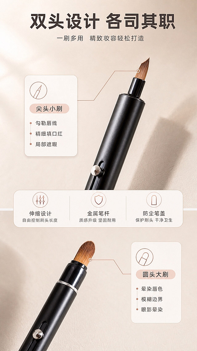 [商品] 使用【图1】黑色款双头伸缩唇刷；保留双头结构、金属笔杆、伸缩推钮、笔式外形、黑色哑光金属质感、防尘盖，不改变结构比例。
[画面] 页面目标：拆解双头结构与各自功能。竖版9:16上下分栏构图，上方放大尖头小刷细节特写（占上半区），下方放大圆头大刷细节特写（占下半区），中间用信息卡分隔。背景为浅灰色高级质感台面，左侧有柔光。
[视觉] 套系策略：风格=高级美妆商业摄影，温柔精致ins风；标题字=现代无衬线粗体（圆润优雅）；正文字=简洁无衬线体；主色=淡粉+暖米杏；背景延展=暖米杏/奶茶色渐变、细腻肌理墙面、同色系深浅层次；强调色=玫瑰金，仅用于小面积图标、引线、标签；标题色=深棕灰；正文色=中暖灰；组件=圆角浅底信息卡、细线引线、圆形icon；光影=左前侧暖柔光，柔和阴影，通透质感。
[文字] 顶部主标题"双头设计 各司其职"，上半区尖头刷旁标注「尖头小刷」+ 功能：勾勒唇线、精细填口红、局部遮瑕；下半区圆头刷旁标注「圆头大刷」+ 功能：晕染唇色、模糊边界、眼影晕染。文字用引线指向对应刷头，清晰易读。
[规格] 图片比例9:16竖版，4K，避免变形、错字、文字过小、冷蓝背景、颜色改变、刷头结构失真、绝对化用语。