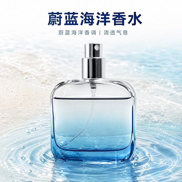 [主图-3] 蔚蓝海洋香水 沉浸式海洋氛围场景，唯一任务：把蔚蓝海洋联想变成可感知的真实场景语境。
[统一基调] 淘宝香氛主图统一视觉：明亮通透的白色主调，主标题字色深蓝（#0B3C7A），辅助字色浅蓝灰（#6B8CB0），标题与说明只用同一种简约无衬线黑体，标题最大最粗、小字缩小一半以上，严禁衬线体与手写体；配色为白色加蔚蓝渐变，强调色取自瓶身深蓝；不加厚重色块底板与边框，文字横排，不拉伸不压扁。
[画面] 正方形画布，蔚蓝海洋香水直立置于一层极浅的清澈水面上，占画面 60%-70%，水波自瓶底向外扩散出同心涟漪与细小水珠，背景是高位俯拍感的白沙与浅蓝海水渐层虚化，上方留出大片亮白留白；产品为画面唯一主体，瓶身外观、瓶型比例、液体渐变与金属泵头必须与输入图完全一致，泡水接触点真实，瓶底没入水中的部分呈现自然折射与半透明遮挡，不悬浮、不穿模。
[光影质感] 自然海边清晨光，顶部柔和顶光加轻微水面反射光斑，玻璃瓶身呈现通透反光，水面有细微高光碎点，产品与水面接触处有真实接触影与湿痕，整体高调明亮。
[文字版式] 主标题「蔚蓝海洋香水」横排于画面上方留白区居中，深蓝色简约无衬线黑体最大最粗；小字说明「蔚蓝海洋香调｜清透气息」置于标题下方，浅蓝灰同款字体、字号缩小一半以上；文字与水波、水珠保持距离，不遮挡瓶身。
[输出要求] 1:1 正方形，2K，文字清晰无错字，产品清晰、水面反射自然。负向：变形、错字、模糊、杂乱、水印、平台 Logo、多余手指、悬浮感、产品边缘硬切。