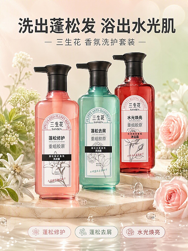 [商品] 使用【图1】粉色蓬松修护洗发露、【图2】绿色蓬松去屑洗发露、【图3】红色水光焕亮沐浴露；保留三生花SANSEN品牌Logo、瓶身标签文字、瓶型结构、颜色材质、按压泵头；瓶身通透感增强，标签文字清晰化，去除手持背景。
[画面] 目标：美感头图 产品海报型 三件套全家福植萃水光氛围。三瓶产品呈三角错落陈列在浅米色大理石台面上，粉色瓶左前、绿色瓶中间、红色瓶右后，产品占画面约55%。周围环绕真实的雪绒花、榆绣线菊、玫瑰花和绿叶，前景有少量晶莹水珠和水波纹光影。背景是柔和的粉绿渐变光晕，上方有柔雾光斑。底部有轻微的水面反射效果。整体≥3层道具（花朵+水珠+大理石台面+背景光晕）。
[视觉] 套系策略：风格=高级香氛洗护商业摄影 通透水润植萃感；标题字=现代无衬线粗体；正文字=简洁无衬线体；主色=浅米杏+粉绿渐变；背景延展=基于浅米杏做深浅层级、同色渐变和细腻大理石/水光质感；强调色=玫瑰粉+薄荷绿，仅用于小面积图标、引线和标签；标题色=深炭灰；正文色=中暖灰；组件=圆角浅底信息卡、细线引线、胶囊形标签；光影=左前侧暖柔光 柔光箱打光。
[文字] 画面上方居中主标题"洗出蓬松发 浴出水光肌"，副标题"三生花 香氛洗护套装"，底部三个胶囊形小标签横排"蓬松修护""蓬松去屑""水光焕亮"。文字不遮挡产品主体。全部横排。
[规格] 图片比例3:4竖版，4K，避免变形、错字、文字过小、冷蓝/蓝灰背景、瓶身颜色改变、标签文字错乱、极限词。